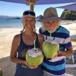 Heidi & Kirk with drinking coconuts, Tenicatita