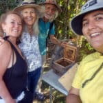 four people looking at a bee hive